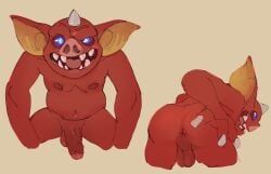 anthro anus ass balls belly bent_over blin_(tloz) blue_eyes bokoblin bokoblin_(breath_of_the_wild) breath_of_the_wild dark_n_swampy flaccid foreskin genitals hi_res horn male navel nintendo nipples nude penis presenting presenting_anus red_body slightly_chubby solo the_legend_of_zelda