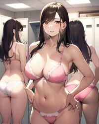 3girls ai_generated ai_mirror back_view belly_button blush brown_eyes brown_hair locker locker_room long_hair looking_at_viewer looking_back_at_viewer looking_nervous medium_ass medium_breasts pink_bra pink_panties pink_underwear thick_thighs white_panties white_skin