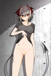 absurdres antenna_hair arknights blush demon_girl demon_tail feet_out_of_frame female grey_shirt highres horns luke_(b10a3123m) navel pussy pussy_juice red_nails shirt solo tail uncensored w_(arknights)