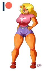 1girls 2017 4_fingers anthro bandicoot belt big_breasts black_nose blonde_hair clothed clothed_anthro clothed_female crash_bandicoot_(series) daisy_dukes eyebrows eyelashes eyeshadow female female_only green_eyes hand_on_hip hourglass_figure long_blonde_hair long_hair looking_at_viewer makeup mammal marsupial naughty_dog patreon patreon_logo ryousakai shirt shoes simple_background solo tawna_bandicoot thick_thighs thighs video_games white_background