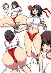 2girls ass bandana black_hair blank_background breasts clothing dat_ass female gym_uniform huge_breasts ishimiso_(ishimura) jumping kantai_collection multiple_girls open_mouth panties red_panties short_hair spread_legs spreading sweat sweatdrop tagme takao_(kantai_collection) workout