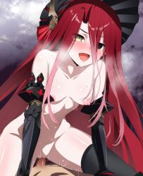 1boy armor black_armor black_eyes black_headwear black_thighhighs blush bonnet breasts censored collarbone commission cowgirl_position fate/grand_order fate_(series) female fuyumi_kazuki gauntlets hair_between_eyes heterochromia highres long_hair male navel nipples nude open_mouth penis pixiv_commission pussy red_hair sex small_breasts smile straddling straight thighhighs thighs typhon_ephemeros_(fate) vaginal_penetration very_long_hair yellow_eyes