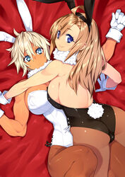 2girls ass blonde_hair blue_eyes blush breasts brown_hair bunny_ears bunnygirl cleavage dark-skinned_female dark_skin female gloves large_breasts leotard long_hair lying muscular_female original pantyhose sela_(sela_god) sela_god short_hair sideboob smile ursula_(sela_god) yuri