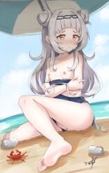 absurdres anus beach_umbrella black_one-piece_swimsuit blush boppin breasts clothing_aside commentary crab double_bun female green_eyes grey_hair hair_bun hairband highres hololive multicolored_eyes murasaki_shion nipples ocean one-piece_swimsuit pussy red_eyes rock sitting small_breasts solo swimsuit swimsuit_aside umbrella