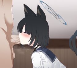 1boy 1girls allied_hyakkiyako_academy_student animal_ears black_choker black_eyes black_hair blue_archive blush cat_ears choker deepthroat erection fellatio female from_side halo highres huge_cock hyakkaryouran_conflict_resolution_council_(blue_archive) indoors kikyou_(blue_archive) light-skinned_female light-skinned_male light_skin oral penis rla13753 saliva_on_penis sensei_(blue_archive) shirt short_hair solo_focus straight testicles trembling veins veiny_penis white_shirt