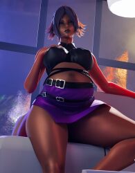 1girls 3d belly big_belly big_breasts bleach breasts clubzenny dark-skinned_female dark_skin female nipple_bulge pregnant purple_hair shihouin_yoruichi solo solo_female