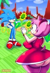 1boy 1girls amy_rose ass ass big_ass big_breasts big_butt blue_body blue_fur confused fat_ass female francyart34 green_eyes large_ass large_breasts male nipple_bulge pink_body pink_fur pink_hair question_mark sonic_(series) sonic_the_hedgehog sonic_the_hedgehog_(series) thick_thighs thighs wide_hips