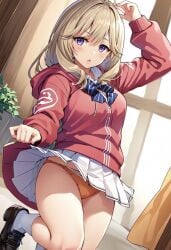 1girls ai_generated blonde_hair blue_striped_bow bow bow_panties classroom_of_the_elite female looking_at_viewer open_mouth orange_panties pink_jacket purple_eyes schoolgirl skirt_lift solo_female solo_focus tsubaki_sakurako white_skirt