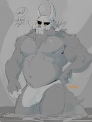 bone bulge claws finger_claws fur hi_res horn male musclegut muscular muscular_male navel nipples papa_titan_(the_owl_house) partially_submerged skull skull_head solo speech_bubble standing tail thaires