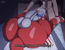 2boys absurd_res ass balls betelgammamon blowjob cum cum_in_mouth cumshot dialogue digimon digimon_(species) digimon_ghost_game digiphilia english_text fellatio gay hiro_amanokawa holding_legs kiffy_(artist) kneeling legs_over_head lying lying_on_back male male/male oral penis saliva shaded sheet_grab text