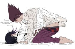 2boys anal barefoot black_hair blush bossu boxer_briefs checkered_clothes checkered_scarf danganronpa danganronpa_v3:_killing_harmony english_text facial_hair full_body gay goatee highres looking_at_another male_focus male_underwear momota_kaito multiple_boys ouma_kokichi pale_skin pants purple_hair scarf sex shirt short_hair simple_background skinny soles speech_bubble straitjacket sweat toe_scrunch underwear white_background white_pants white_shirt yaoi young
