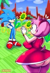 1boy 1girls amy_rose ass big_ass big_breasts big_butt blue_body blue_fur butt fat_ass female francyart34 green_eyes large_ass large_breasts male nipple_bulge pink_body pink_fur pink_hair sonic_(series) sonic_the_hedgehog sonic_the_hedgehog_(series) thick_thighs thighs wide_hips