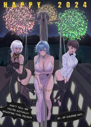 3girls ass ass_out black_dress black_panties black_thong black_underwear blue_eyes blue_hair blush breasts brown_eyes brown_hair brunette_hair cleavage delta_(nikke) english_text fireworks goddess_of_victory:_nikke hanging_wedgie happy_new_year heels helm_(nikke) humiliated humiliating humiliation kyachonni lies new_year night open_mouth outdoors panties pink_eyes secretly_loves_it short_hair short_hair_female silver_hair smile smiling speech_bubble speech_bubbles sugar_(nikke) text text_bubble thigh_highs thighhighs thighs thong underwear wedgie wedgie_fetish wedgied_female wedgies white_dress white_hair white_panties white_thong white_underwear