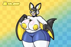 al_gx anthro areola big_breasts black_body black_fur breasts choker elise_(kott_cake) emolga female generation_5_pokemon headphones mammal nintendo nipples phone pokemon pokemon_(species) rodent solo thick_thighs white_body white_fur wide_hips yellow_areola yellow_cheeks yellow_nipples