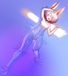 anthro blush bodily_fluids breasts cakeofclouds cum cum_inside female fishnet genital_fluids ima_(imabunbun) lagomorph leporid louffay lying mammal on_back open_mouth pussy_juice rabbit smile solo