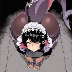 1girls ai_generated big_ass black_hair bubble_butt dissappointed_look ellen_joe leggings looking_at_viewer looking_up maid_headdress maid_uniform red_eyes shark_girl shark_tail solo_female vyakarana27 zenless_zone_zero