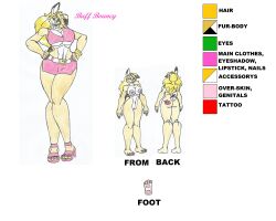 1girls anthro beige_fur big_ass big_breasts big_hips blonde_hair bowtie bracelet buff_bouncy_(waifuland) bunny_girl earrings eyeshadow furry green_eyes hand_on_hip hare_humanoid high_heels looking_at_viewer marlon64 model_sheet naked_female original original_character pink_lipstick pink_nails short_skirt smiling solo_female tattoo_on_butt topwear traditional_drawing_(artwork) waifuland