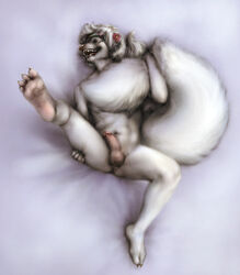 1boy albino anakuro ass balls bed belly claws cute erection flower furry hair headband hindpaw hippie laugh long_hair male male_only nude open_mouth paws penis riesling skunk smile solo spreading tail tie-dye uncut white_fur white_hair