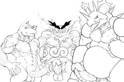 2011 balls big_balls big_penis chubby emboar erection fat machoke male monochrome muscles nidoking nintendo nipples penis pokemon pokemon_(species) ragnarokdragon tongue tusks veins yaoi