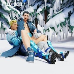 2boys anal cumdrip fortnite geno_(fortnite) jonesy_(fortnite) male_focus male_only outdoors penis red_nehi sitting snow straddling the_ageless_(fortnite) yaoi