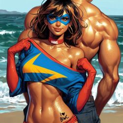 ai_generated beach beachwear blonde_hair blonde_hair_male brown_eyes brown_hair brown_skin crop_top dark-skinned_female dark_skin discord_(marvel) earrings female gloves holding holding_from_behind joshua_richardson kamala_khan light-skinned_male light_skin male marvel marvel_comics mask ms._marvel ms._marvel_(kamala_khan) muscular muscular_male ring rock rocks sand scarf seaside shiny_body shiny_skin summer t-shirt trunks writing_on_body