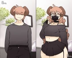 :/ :3 collar comparing comparison cropped_jacket crossdressing curvaceous curvy curvy_body curvy_figure curvy_hips curvy_male curvy_thighs cute face_mask femboy fingerless_gloves flan_(srnava) girly glasses gloves hips horns long_hair long_sleeves male male_focus sequence skirt srnava thick thick_thighs thighs transformation trap twink wide_hips