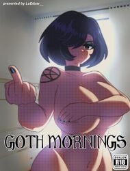 1girls bangs black_choker black_eyes black_hair choker eleanor_(lueduartv) female female_focus female_only gesture goth goth_girl indoors looking_at_viewer lueduartv morning tagme