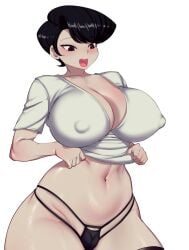 1girls black_eyes black_hair bokuman breasts female female_only komi-san_wa_komyushou_desu komi_shuuko large_breasts mature_female milf nipple_bulge solo white_background wide_hips