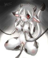 bell bent_arms bent_legs black bovine breasts clitoris cowbell female front_pussy furry hair horns kneeling lactation looking_at_viewer milking mn_xenx navel nude open_mouth pointy_ears pussy red_eyes signature solo spots spread_legs spreading white_fur white_hair