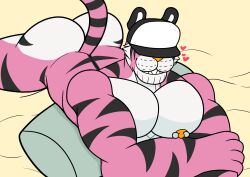 3loy absurd_res anthro ass bed biceps digital_media_(artwork) felid fur furniture hi_res looking_at_viewer lying male male_only mammal muscular muscular_anthro muscular_male nipple_piercing nipples nude on_front pantherine pecs piercing seductive simple_background smile solo solo_focus stripes tail tiger