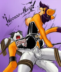 0r0ch1 amberli anthro bondage breasts canine corset cowgirl_position crop cum feline female fur furry leather male penis ribbons rope sex straight tongue