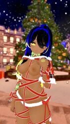 1girls ai_generated black_hair blue_highlights breasts christmas christmas_tree female horny_female indie_virtual_youtuber long_hair naisiri_nao nipples nude_female outside oxy_moron ribbons seductive snow virtual_youtuber vrchat vrchat_avatar vtuber yellow_eyes