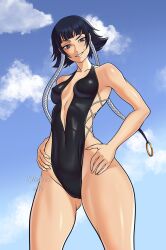 1girls artist_name black_eyes black_hair black_one-piece_swimsuit bleach blue_sky breasts cloud collarbone covered_erect_nipples cowboy_shot day eyebrows female female_focus from_below grin hands_on_own_hips highleg highleg_swimsuit looking_at_viewer looking_down matching_hair/eyes medium_breasts one-piece_swimsuit parted_lips short_hair_with_long_locks sidelocks skinny sky smile soifon solo standing sui-feng swimsuit teeth watermark xelaroseart