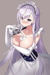 aile_(crossroads) azur_lane bare_shoulders belfast_(azur_lane) blue_eyes breasts cleavage elbow_gloves female gloves grey_background large_breasts long_hair looking_at_viewer maid maid_headdress milk sexually_suggestive simple_background smile solo suggestive_fluid white_gloves white_hair