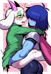 2boys ai_generated anal anthro armor arms_around_neck big_ass big_butt blue_hair blue_skin bubble_ass bubble_butt caprine deltarune furry gay green_glasses green_robe human_on_anthro kris_(deltarune) leg_lock lifting_person male male/male muscular_ass novelai nudealert pink_horn ralsei sex standing suit white_fur yaoi