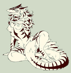 breasts byakurai female fluffy furry katzbalger looking_at_viewer monochrome nipples sergal sitting solo stripes tail tora