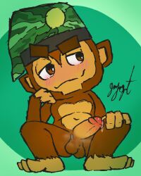 3_toes anthro balls beret bloons_tower_defense blush bodily_fluids clothing feet gaygoat genital_fluids genitals haplorhine hat headgear headwear hi_res male male_only mammal monkey musk musk_clouds musky_balls ninja_kiwi penis precum primate sniper_monkey solo toes