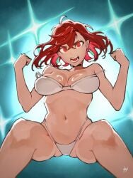 angry_face ayase_momo boobs choker cleavage clenched_hands colored curvy_female dandadan female_only fukuya_art looking_at_viewer messy_hair red_eyes red_hair sitting skimpy thick_thighs underwear white_bra white_thong white_thong_panties