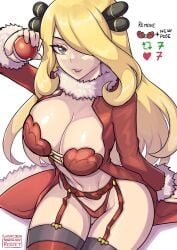 1girls big_breasts blonde blonde_female blonde_hair blonde_hair_female breasts christmas christmas_outfit color cynthia_(pokemon) female female_focus female_only game_freak garter_belt hi_res large_breasts light-skinned_female light_skin lingerie long_hair looking_at_viewer nintendo pokeball pokemon pokemon_champion pokemon_dppt pokemon_trainer redjet sitting solo solo_female strip_game tagme text thick_thighs underwear