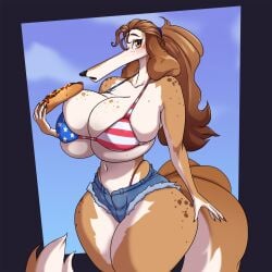 1girls american_flag_bikini anthro belly_button big_tail bikini blush borzoi brown_eyes brown_hair busty canid canine cloud denim_shorts domestic_dog female_only food freckles furry furry_only hair_accessory holding_food hotdog huge_breasts long_ears long_hair long_nose long_snout looking_at_viewer mammal midriff multicolored_body multicolored_tail no_shirt open_mouth ponytail shirtless shirtless_female shorts sky solo solo_female spiralingstaircase spots spotted_body standing swimsuit thick_thighs three-quarter_portrait three-quarter_view tied_hair tight_bikini tight_clothing tight_fit underboob voluptuous voluptuous_female wide_hips