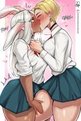 2girls absurd_res almualim ass big_ass big_breasts big_thighs blonde_hair blush breasts closed_eyes female female_only huge_ass huge_breasts huge_thighs kissing long_hair miruko multiple_girls my_hero_academia red_hair rumi_usagiyama ryuukyuu school_uniform schoolgirl short_hair skirt tagme tatsuma_ryuuko thick_hips thick_thighs thighs very_high_resolution white_hair yuri