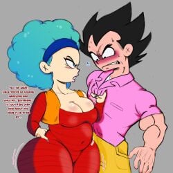 afro angry angry_female biceps big_hair big_hands black_hair blue_hair bulma_(afro) bulma_briefs candy_blue_hair dragon_ball eye_contact female grey_background male muscular_male pink_shirt pink_t-shirt red_clothing shirt_grab spiked_hair spiky_hair t-shirt vegeta weener72