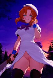 07th_expansion 1girls absolute_territory ai_generated black_thighhighs blood bottomless female female_only higurashi_no_naku_koro_ni holding_weapon looking_at_viewer medium_breasts orange_hair pussy ryuuguu_rena short_dress uncensored vagina white_dress white_headwear