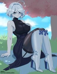 1female 1girls blue_eyes boots breasts breasts curvy curvy_female curvy_figure earrings female female female_focus female_only femdom furina_(genshin_impact) garter_belt garter_belt_leggings garter_straps genshin_impact high_heel_boots high_heels knee_boots looking_at_viewer salazr4 short_hair short_hair_female stocking tease teasing thighhighs tight_clothing white_hair