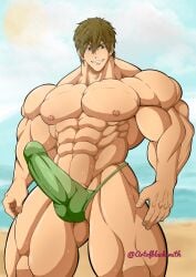 1boy abs absurd_res artofblacksmith beach biceps big_bulge big_muscles bodybuilder brown_hair bulge bulge_through_clothing free! hyper hyper_muscles looking_at_viewer makoto_tachibana male male_focus male_only muscle muscle_tone muscles muscular muscular_arms muscular_legs muscular_male muscular_thighs nipples pecs seductive_look seductive_smile solo solo_focus solo_male speedo tachibana_makoto tagme topless topless_male twitter_username wet