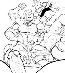 2011 anal anthro balls big_balls big_penis chubby drool emboar erection fat gay licking machamp male muscles nidoking nipples oral penis pokemon pokemon_(species) precum ragnarokdragon rimming saliva threesome tongue tusks uncut veins