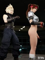 1boy 1futa 3d b9n cloud_strife final_fantasy final_fantasy_vii final_fantasy_vii_remake flaccid futanari jessie_rasberry male penis shy square_enix