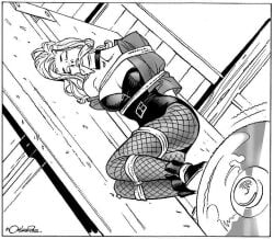 black_canary breasts buzzsaw captured_heroine damsel_in_distress dc dc_comics defeated_heroine dinah_lance eyes_closed gagged gagged_female knocked_out leash_between_breasts monsieurpaul mouth mouth_hold passed_out sleeping thick_thighs tied_up unconscious