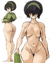 1girls :o aged_up ass avatar_the_last_airbender bangs_over_eyes barefoot black_hair bottomless breasts bubble_butt child_bearing_hips death_by_snoo_snoo female fit_female front_and_back full_body functionally_nude hair_covering_eyes hair_over_eyes hi_res hourglass_figure large_breasts light-skinned_female light_skin looking_at_viewer naughty_face nickelodeon rakeemspoon short_hair slim_waist sling_bikini smile toph_bei_fong undressing useless_clothing voluptuous voluptuous_female wide_hips