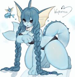 1girls anthro big_breasts black_bikini blue_body blue_hair breasts cleavage covering_breasts female female_only fin gijinka hearts looking_at_viewer nintendo on_all_fours open_mouth pokémon_(species) pokemon tail thick_thighs toge77789 togetoge vaporeon white_collar wide_hips